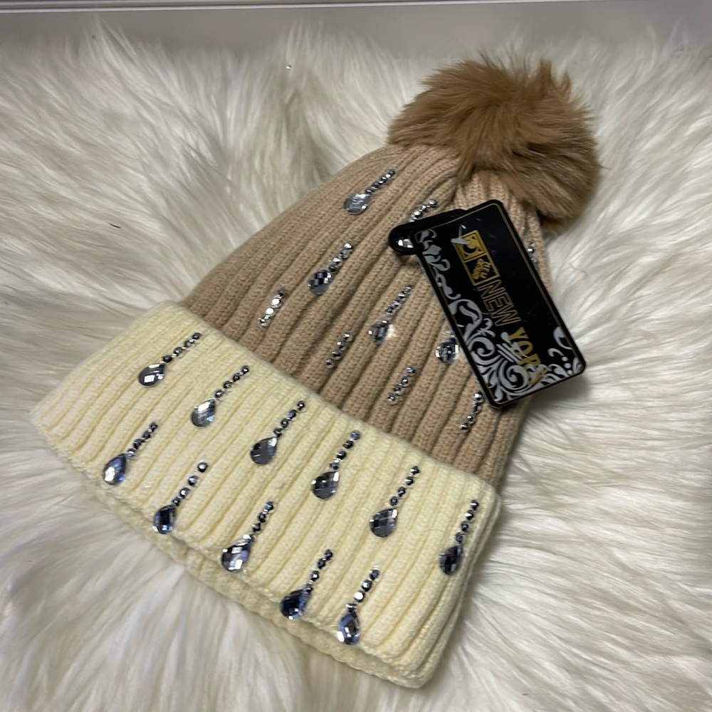 Bling Two Tone Knitted Camel Lined Winter Hat with Soft Faux Fur Pompom